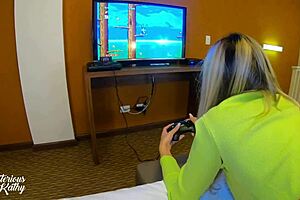 Long-haired teen gets creampied while playing video game