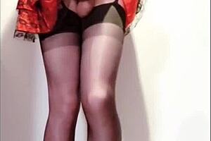 Selena's seductive shemale masturbation in a tight corset and stockings