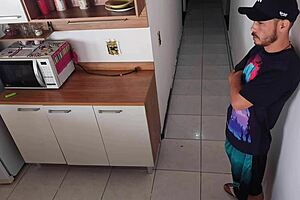 Young housewife catches husband cheating in the kitchen