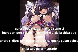 Shogun Raiden part 2: femdom gives jerk off instructions and cum eating in spanish anime.