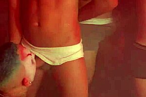 Amateur threesome with black and white skin, bareback and fetish Halloween scene