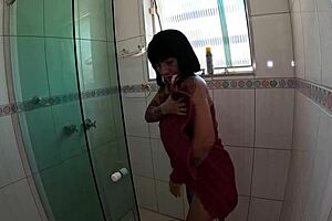 Mature Brazilian beauty's first porn shoot in her bathroom