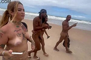 Nudist Beach Fun with Hot Brunette Teens in Wild Action