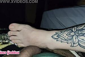 Goddess serves footjob to friend's wife after sleepover
