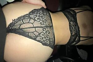 Teen bent over in car receives doggystyle creampie, orgasming publicly outdoors.