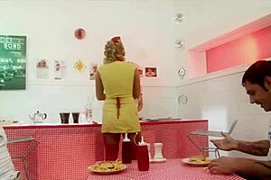 Milf Waitresses Diana Gold and Eva Mercedes in Heels for Shaved Pussy Facial and Cumshot Foursome