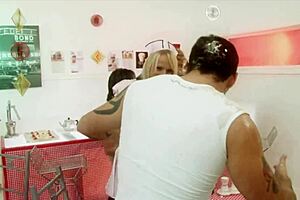 Foodie group with mature waitresses and porn stars