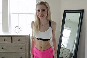 My stepbrother teases the teen's feet on the bed, then fucks her tight ass while watching her ride.