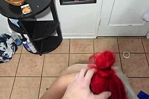 amber on her knees giving blowjob to daddy