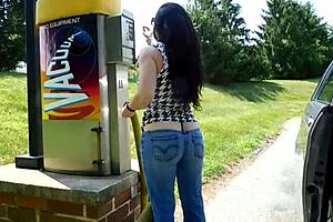Car wash exhibitionist - big ass busting out of low rise jeans?