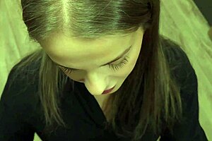 Blonde bride gives blowjob to big cock, deepthroat cum in mouth and on face at wedding.