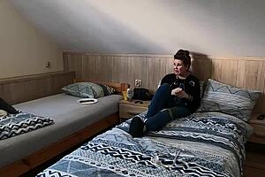 Young European girl with natural tits sucks and smokes