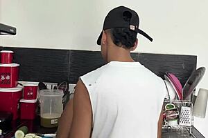 Cute cowgirl couple gets creampied in hot kitchen scene