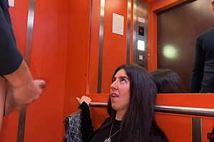 Risky public anal sex in elevator with pov blowjob and cum on ass.