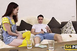 dirty babe turns on rich stepbrother, bound to nail her shaved pussy