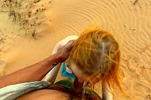 A beautiful European girlfriend gives a blowjob to her fat boyfriend in the desert