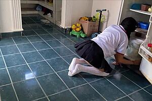 perverted stepdad covers skinny schoolgirl in cum after class in her tight uniform.