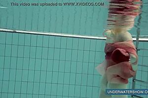 katya okuneva in red dress at the pool