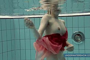 katya okuneva in red dress at the pool