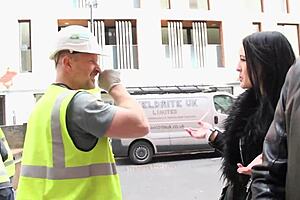 this sexy british girl just pissed on the site and flashed her tits to the workers, lol