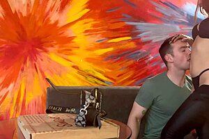 the hot latina with a small waist and muscular body fucks the white pizza delivery guy hard, her natural tits bouncing as she rides his interracial cock.