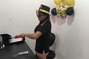 The new executive tries a sex toy at work