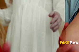 Babe fucked by a cock of a statue with a strap-on