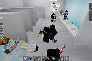 Two People Get Fucked in Roblox and a Public Restroom, Crazy Outdoor Fun