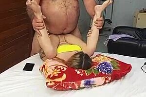 young chick back from party, horny for the old dude with hairy armpits