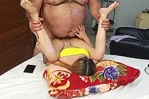 young chick back from party, horny for the old dude with hairy armpits