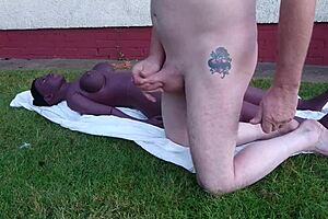 A quickie with a sex doll outdoors