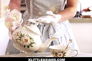 Dolled up in cute dress, asian teen 18+ kimmy kim plays tea time with david lee before getting fucked from behind with clothes on.