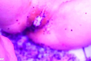 Bare toes crushing juicy fruit during solo masturbation.