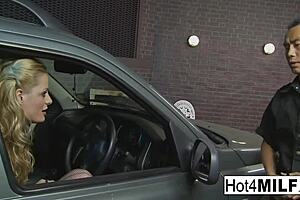 Busty blonde in lingerie bribes parking police with hardcore fucking