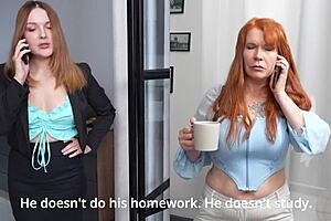 Two red-haired MILFs were fucked by a sly stepson in both holes