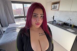 Petite redhead with big tits fucks her trainer and gets cum all over her face