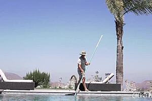 Come here, poolboy, and see this toy in my ass, the busty milf says teasingly.