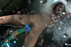 asian japanese girl bound in tight bondage gets intense electro shocks all over her body, moaning loudly