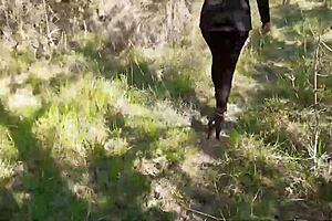 High heels and big ass in forest pantyhose walk