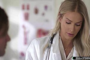 A woman with big boobs plays a doctor and examines a man’s dick