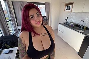 Petite redhead with big tits fucks her trainer and gets cum all over her face