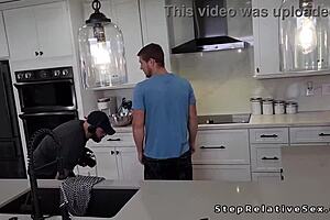 Dude screws busty stepsister in kitchen. Behind-the-scenes taboo action unfolds!