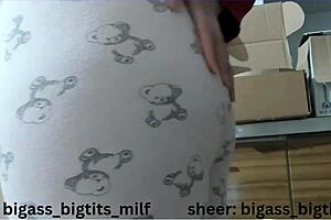 In pajamas, this milf masturbates her big ass and camel toe with dildo and vibrator.