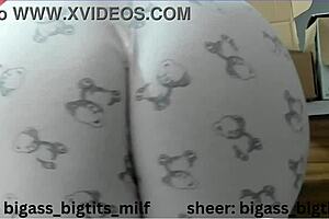 In pajamas, this milf masturbates her big ass and camel toe with dildo and vibrator.