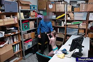 Caught skinny teen shoplifter with small tits giving blowjob then pounded by big cock in office