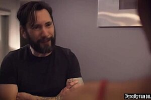 big tit brunette discovers the creep's secret and gives deepthroat blowjob 😏