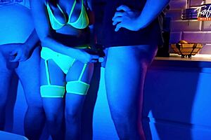 Wife Sucks Two Cocks in Neon Threesome! Facial Included