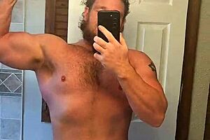 Muscular Man Flexes Big Dick and Cums on Mirror