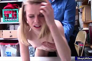 Caught skinny teen shoplifter with small tits giving blowjob then pounded by big cock in office