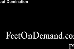 Roxanne's caged slave gets footjob in stockings